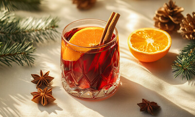 Close up of winter drink mulled wine with orange slice and spices in beautiful glass cup on beige tablecloth near fir branches, citrus and spices. Beautiful natural sunlight from window.
