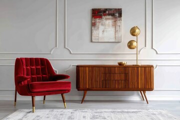 Red velvet armchair, wooden cabinet, abstract art