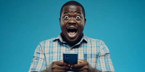 A smiling man with a cellphone, looking at the camera with a surprised expression.