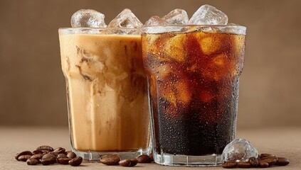 Two iced beverages, coffee and cola