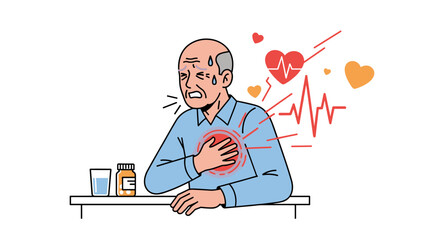 An elderly man suffers from a severe heart attack, clutching his chest in pain, depicted with medical illustrations of heartbeats and medication.