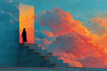 Fototapeta premium A woman stands on a stairway, looking through a doorway into a vibrant sunset sky
