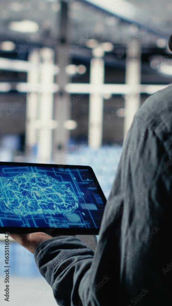 Poster vertical video data center system administrator monitors deep learning processes, reviewing operatio