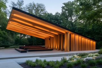 Modern wooden pavilion with angled roof in a green outdoor setting.