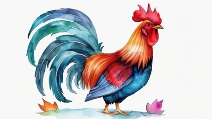 Fototapeta premium A vibrant watercolor of a rooster stands out, symbolizing the Chinese Zodiacs essence with elegance and charm.