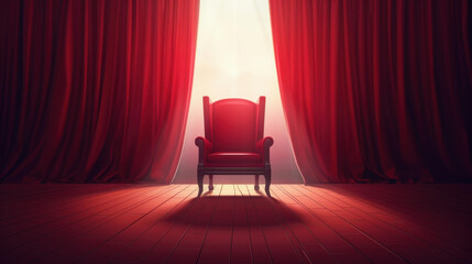 A stunning throne room featuring a lavish red chair set against rich red curtains, embodying royal elegance.