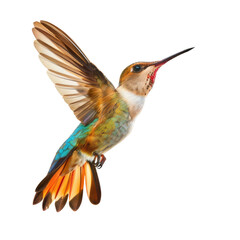 Fototapeta premium Vibrant hummingbird in flight against a black background. Colorful wings and tail feathers, displaying a mix of greens, oranges, browns, and reds. Detailed illustration