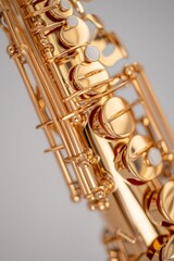 Obraz premium Gold oboe with keys, in focus against a grey background. The clarinet-like brass woodwind instrument has a wooden mouthpiece and is part of the flute family.