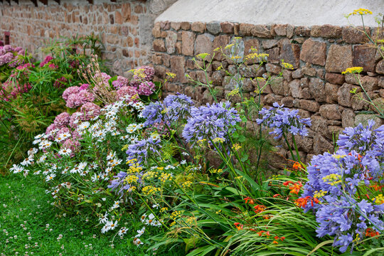 Blumenbeet vor einer Natursteinmauer