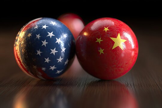 Two stylized spheres, one with the US flag, the other with the Chinese flag, on a dark surface