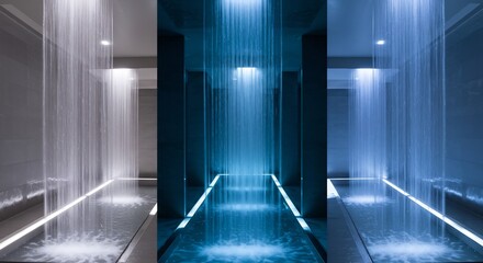 Obraz premium Luxurious Triptych: Modern Spa Showers with Cascading Water and Dynamic LED Illumination
