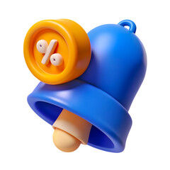 3d icon of blue notification bell with percentage sign isolated on transparent background