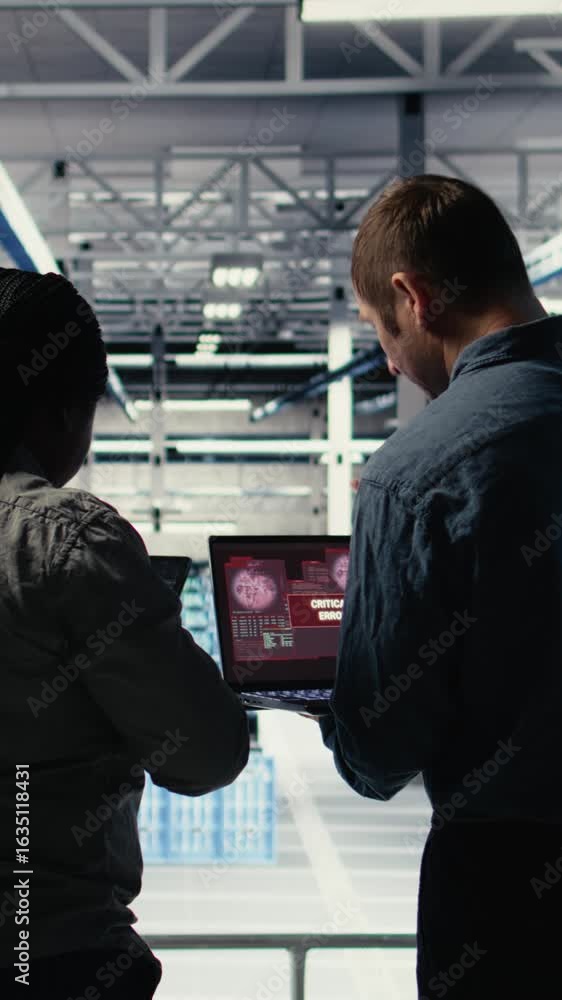 Poster vertical video team of server room technicians alerted by warning message on laptop causing infrastr