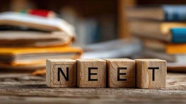 Wooden blocks spelling NEET on a rustic wooden surface, with a blurred background of books and papers