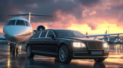 Fototapeta premium View of black luxury limousine car with private white jet in the background at the airport, private luxury escort. sunset