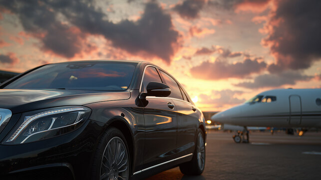 View of black luxury limousine car with private white jet in the background at the airport, private luxury escort. sunset