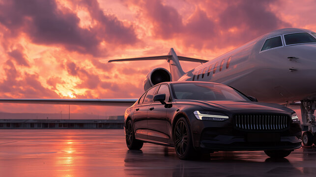 View of black luxury limousine car with private white jet in the background at the airport, private luxury escort. sunset