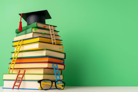 Colorful book stack with graduation cap and glasses. Symbol of education, studying, academic success, and personal growth.