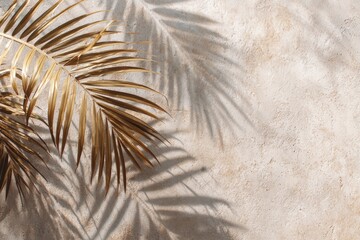 Golden palm leaves casting shadows on beige textured wall