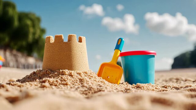 Building sandcastles on a sunny beach with shovel and pail under blue sky