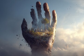 A giant hand holds a miniature world