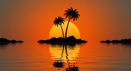 Serene Sunset Island Paradise with Silhouetted Palms