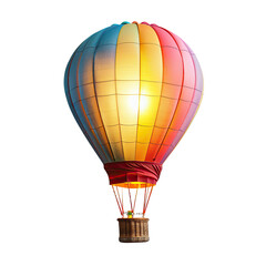 Obraz premium Vibrant hot air balloon, illuminated from within, against a black background. Colorful, striped fabric envelope, warm glowing light, basket at base. Isolated, 3D rendering style