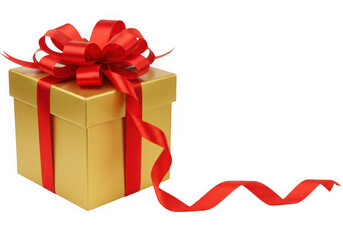 Golden gift box with red ribbon isolated on transparent background