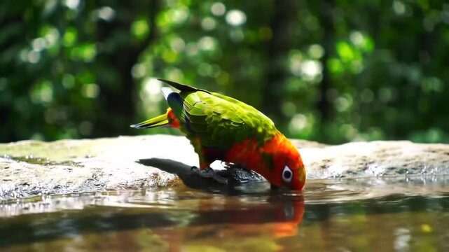 Vibrant Parrot Drinks Water in Lush Greenery Exotic Bird CloseUp.