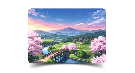 Naklejka premium Anime Spring Landscape with Sakura Blossoms and Mountain