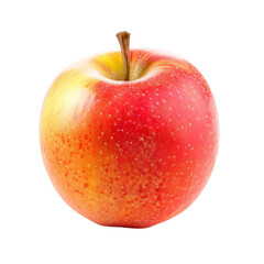 Close-up of a ripe, round apple.  A vibrant red and yellow apple, displaying a smooth skin with subtle speckles.  Stem is visible at the top.  Isolated against a black background