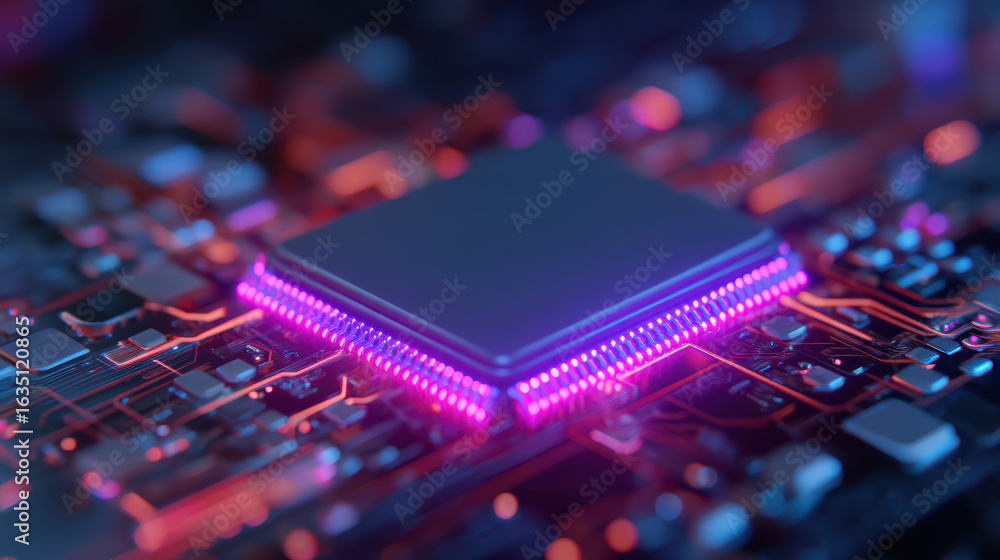 Poster a close-up of a microchip surrounded by intricate circuitry, illuminated by vibrant purple and blue 
