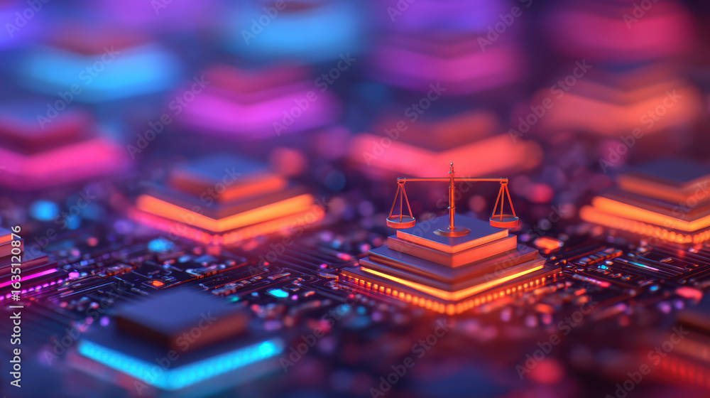 Poster a vibrant digital circuit with scales symbolizing balance, merging technology and justice in an abst