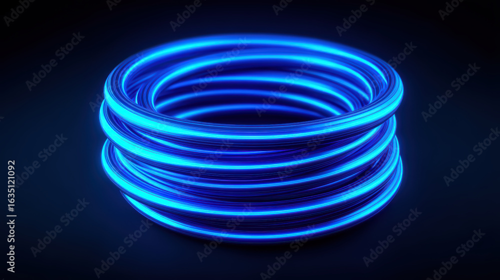 Poster a glowing blue circular design with multiple concentric rings against a dark background, creating a 