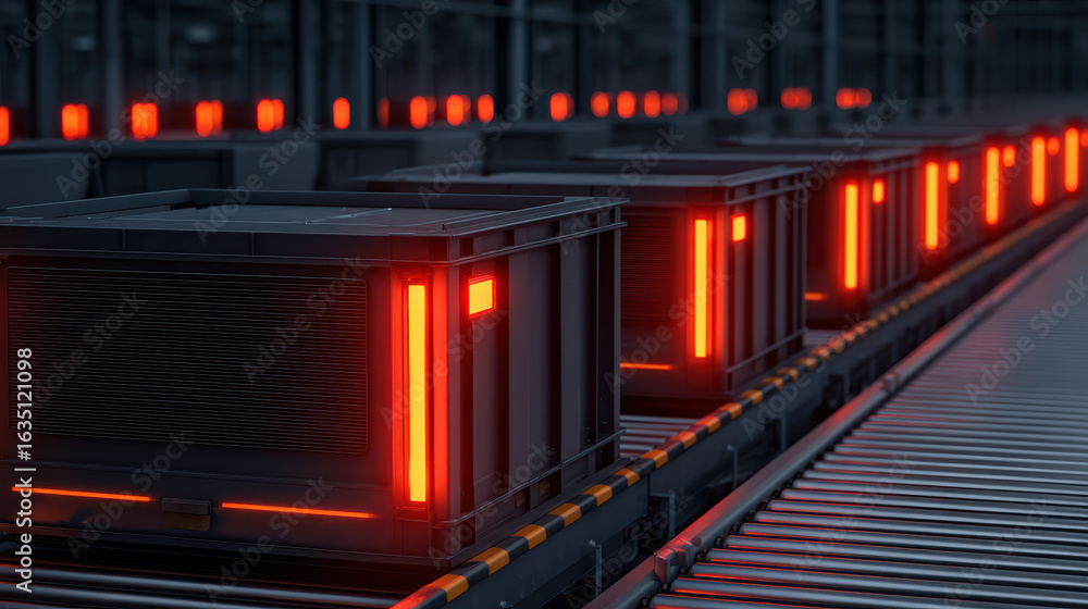Aufkleber a futuristic warehouse scene featuring glowing crates on a conveyor belt, emphasizing advanced techn