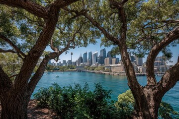 City skyline viewed through trees by water