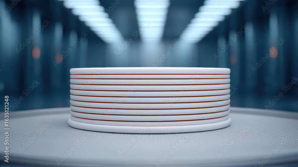 Poster a stack of sleek, modern plates with colorful stripes sits on a rotating platform in a futuristic, s