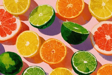 Colorful citrus slices arranged on a pink surface