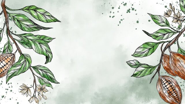 Animated background with watercolor cocoa pods and leaves, ideal for cafe videos, chocolate ads, coffeehouse menus, packaging motion design, or tropical botanical animations.