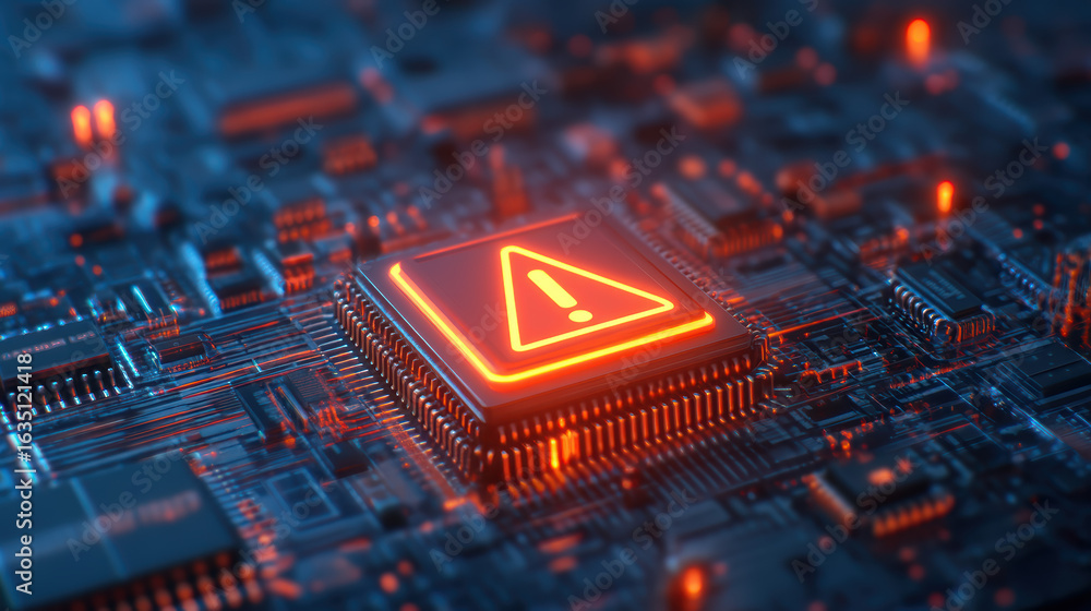 Poster a close-up of a circuit board featuring a bright warning symbol, indicating a potential error or ale