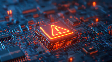 A close-up of a circuit board featuring a bright warning symbol, indicating a potential error or alert in the electronic system.