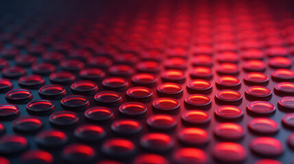 Fototapeta premium A close-up image featuring numerous circular, glass-like objects reflecting red light against a dark background.
