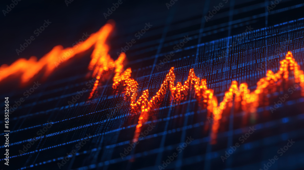 Poster a vibrant graph displaying stock market trends with a dynamic orange line zigzagging across a dark d