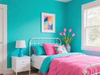 Bright and Colorful Bedroom Interior Design with Turquoise Walls and Pink Accents for Youthful Vibe