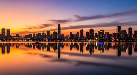 Fototapeta premium City skyline reflected in water during a vibrant sunset with orange and purple hues in the sky above