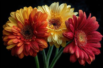 Close-up of three vibrant gerbera daisies in orange, yellow, and red, with water droplets