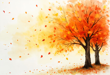 autumn trees with leaves blowing in the wind, on a white background