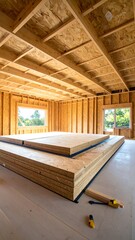 Interior view of a house under construction, showing wooden beams, and stacked wood panels