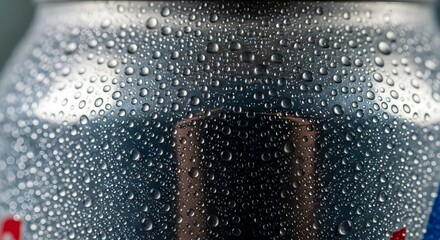 Obraz premium Close up of condensation droplets on a silver aluminum can surface in a detailed macro shot