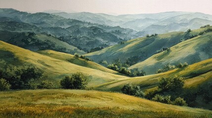 Obraz premium Rolling hills and valleys, painted landscape